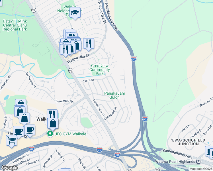map of restaurants, bars, coffee shops, grocery stores, and more near 1198 Lumikula Street in Waipahu