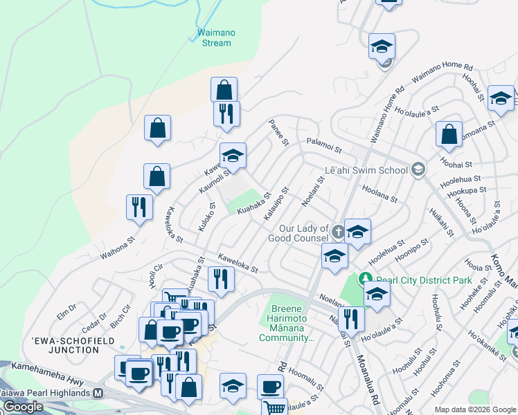 map of restaurants, bars, coffee shops, grocery stores, and more near 1578 Kuahaka Street in Pearl City