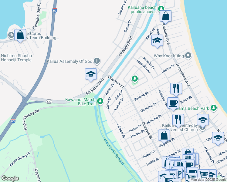 map of restaurants, bars, coffee shops, grocery stores, and more near 941 Kaipii Street in Kailua