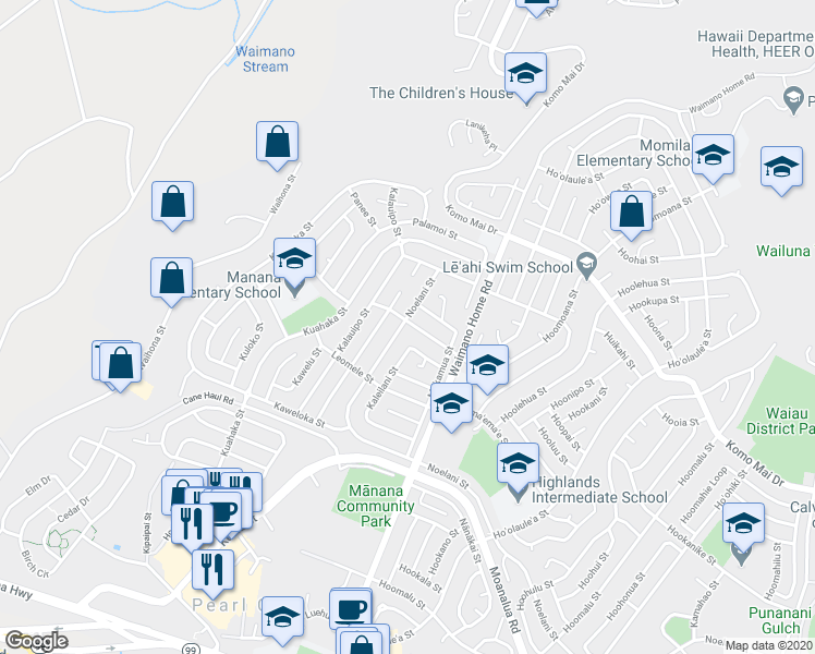 map of restaurants, bars, coffee shops, grocery stores, and more near 1679 Noelani Street in Pearl City