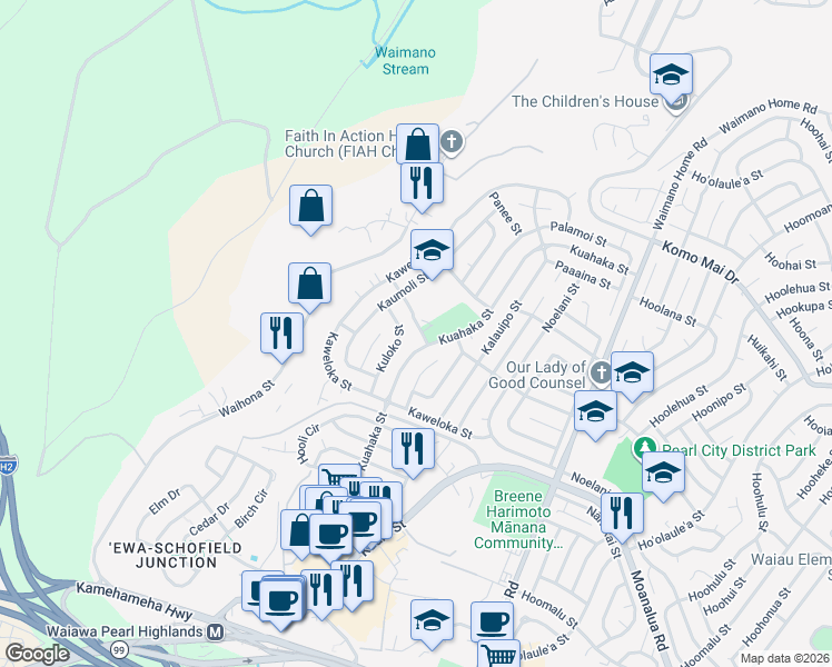 map of restaurants, bars, coffee shops, grocery stores, and more near 1140 Kumano Street in Pearl City
