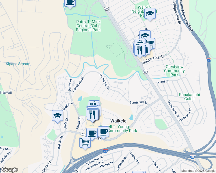 map of restaurants, bars, coffee shops, grocery stores, and more near 94-237 Anapau Place in Waipahu