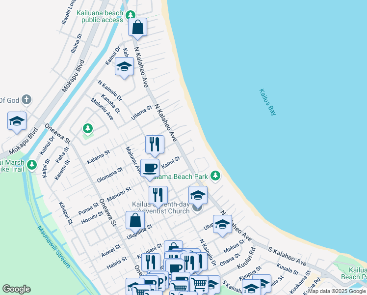 map of restaurants, bars, coffee shops, grocery stores, and more near 444 North Kalaheo Avenue in Kailua