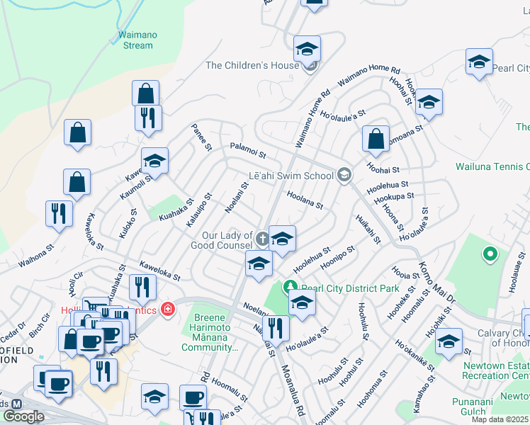 map of restaurants, bars, coffee shops, grocery stores, and more near 1935 Palamoi Street in Pearl City