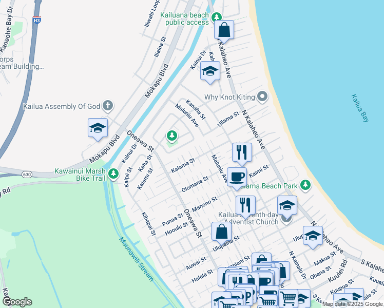 map of restaurants, bars, coffee shops, grocery stores, and more near 338 Kalama Street in Kailua
