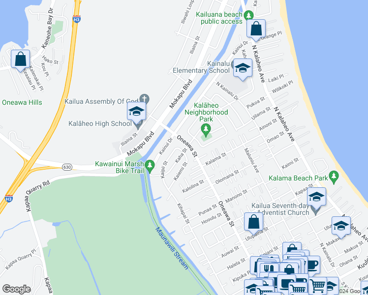 map of restaurants, bars, coffee shops, grocery stores, and more near 941 Kaipii Street in Kailua