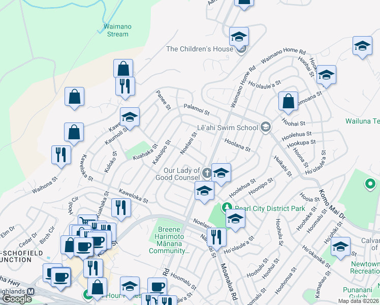 map of restaurants, bars, coffee shops, grocery stores, and more near 1679 Noelani Street in Pearl City