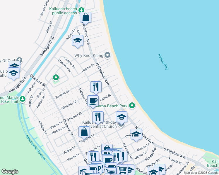 map of restaurants, bars, coffee shops, grocery stores, and more near 444 North Kalaheo Avenue in Kailua