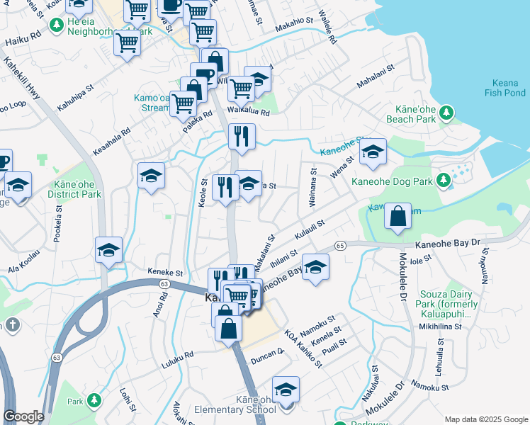 map of restaurants, bars, coffee shops, grocery stores, and more near 45-679 Waiawi Street in Kaneohe