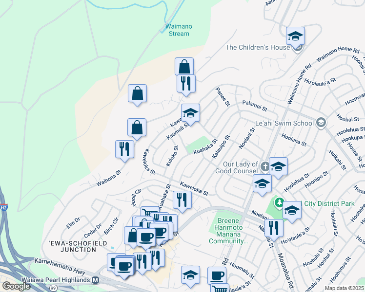 map of restaurants, bars, coffee shops, grocery stores, and more near 1140 Kumano Street in Pearl City
