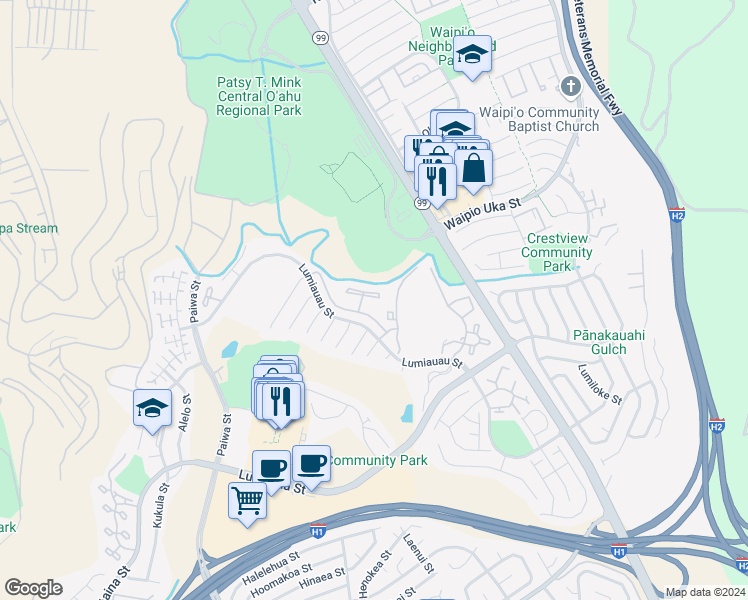 map of restaurants, bars, coffee shops, grocery stores, and more near 94-722 Lumiauau Street in Waipahu