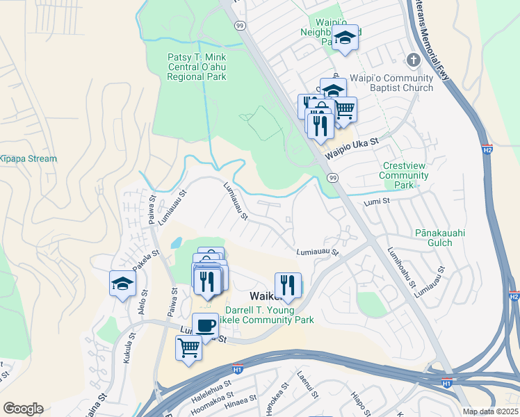 map of restaurants, bars, coffee shops, grocery stores, and more near 94-237 Anapau Place in Waipahu