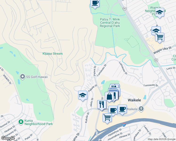 map of restaurants, bars, coffee shops, grocery stores, and more near 94-212 Huewai Place in Waipahu