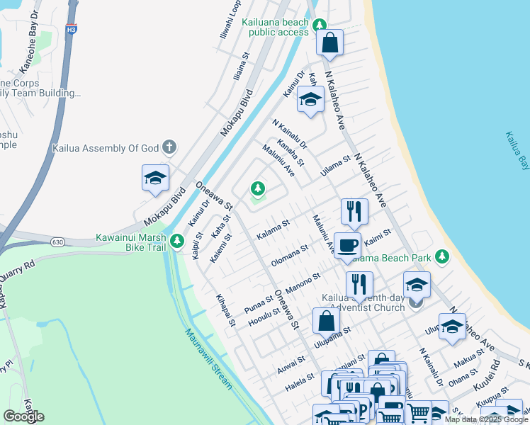 map of restaurants, bars, coffee shops, grocery stores, and more near 417 Kaimake Loop in Kailua