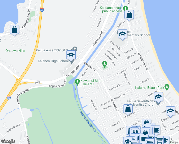 map of restaurants, bars, coffee shops, grocery stores, and more near 939 Kaipii Street in Kailua