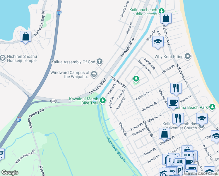 map of restaurants, bars, coffee shops, grocery stores, and more near 849 Kainui Drive in Kailua