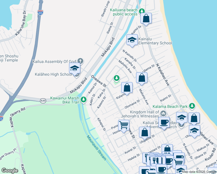 map of restaurants, bars, coffee shops, grocery stores, and more near 489 Kaha Street in Kailua
