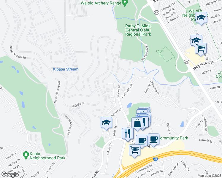map of restaurants, bars, coffee shops, grocery stores, and more near 94-212 Huewai Place in Waipahu