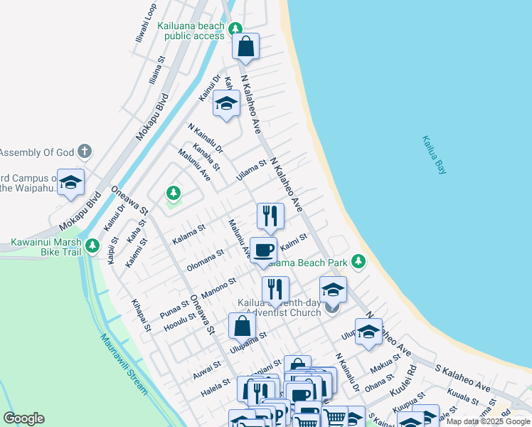 map of restaurants, bars, coffee shops, grocery stores, and more near 507 North Kainalu Drive in Kailua