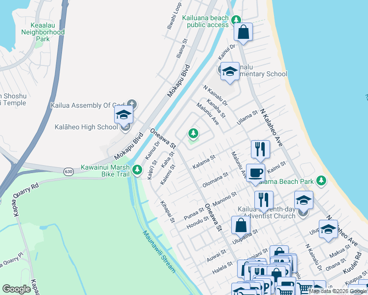 map of restaurants, bars, coffee shops, grocery stores, and more near 489 Kaha Street in Kailua