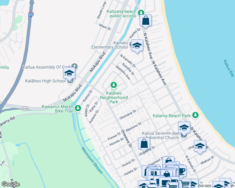 map of restaurants, bars, coffee shops, grocery stores, and more near 417 Kaimake Loop in Kailua