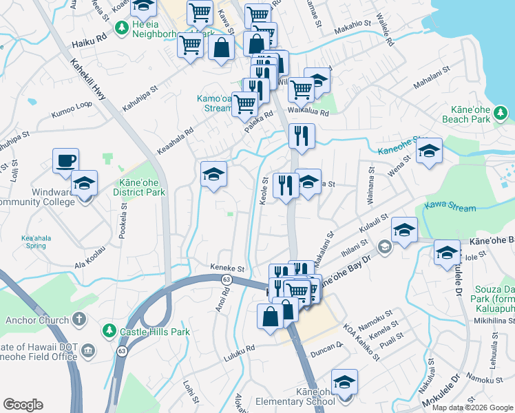 map of restaurants, bars, coffee shops, grocery stores, and more near 45-569 Keole Street in Kaneohe