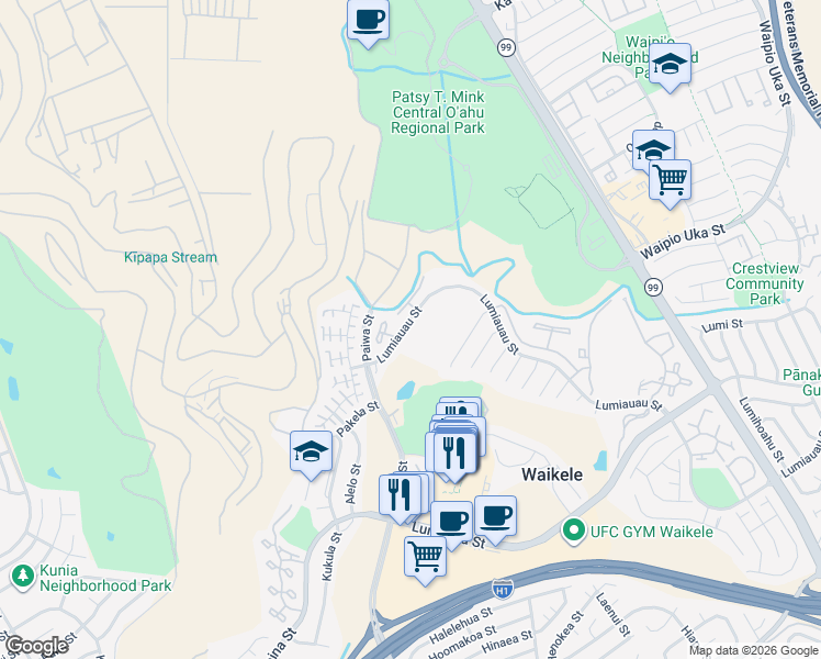 map of restaurants, bars, coffee shops, grocery stores, and more near 94-547 Lumiauau Street in Waipahu