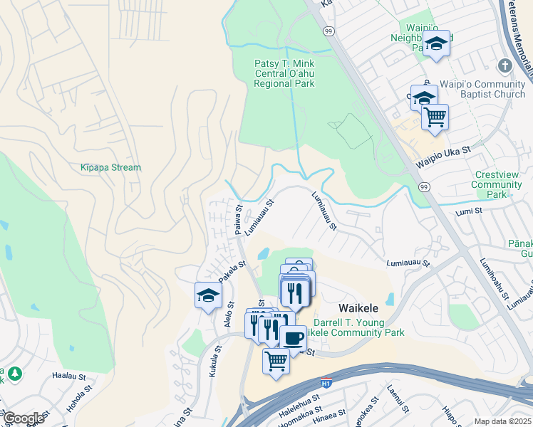 map of restaurants, bars, coffee shops, grocery stores, and more near 94-547 Lumiauau Street in Waipahu