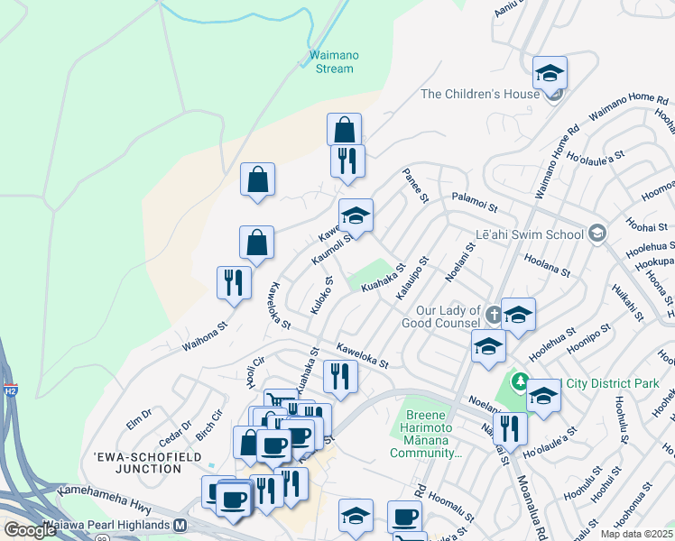 map of restaurants, bars, coffee shops, grocery stores, and more near 1140 Kumano Street in Pearl City
