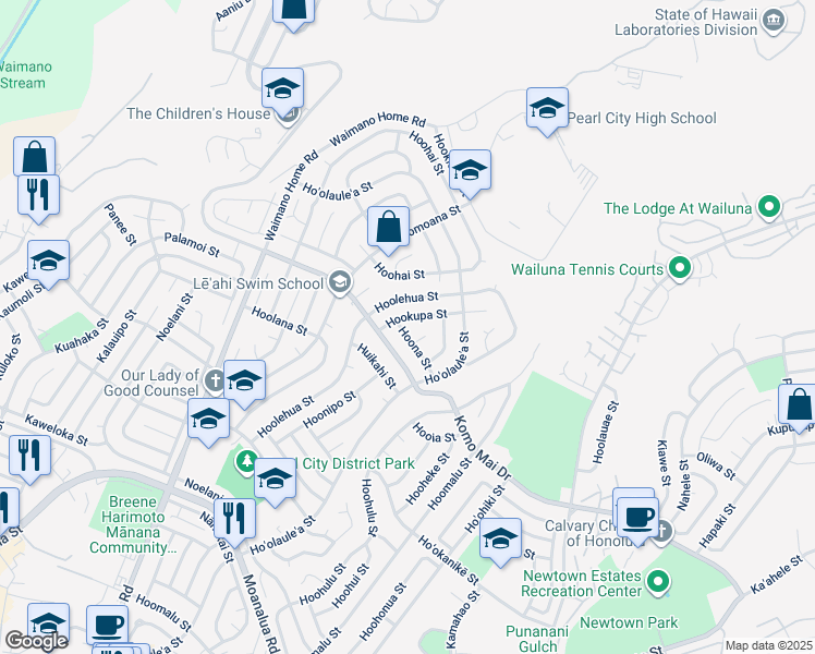 map of restaurants, bars, coffee shops, grocery stores, and more near 1369 Hoona Street in Pearl City
