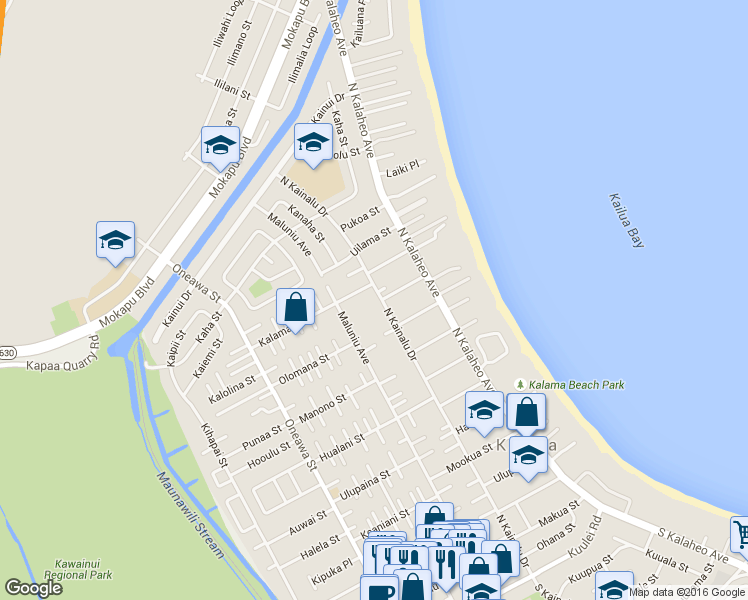 map of restaurants, bars, coffee shops, grocery stores, and more near 507 North Kainalu Drive in Kailua