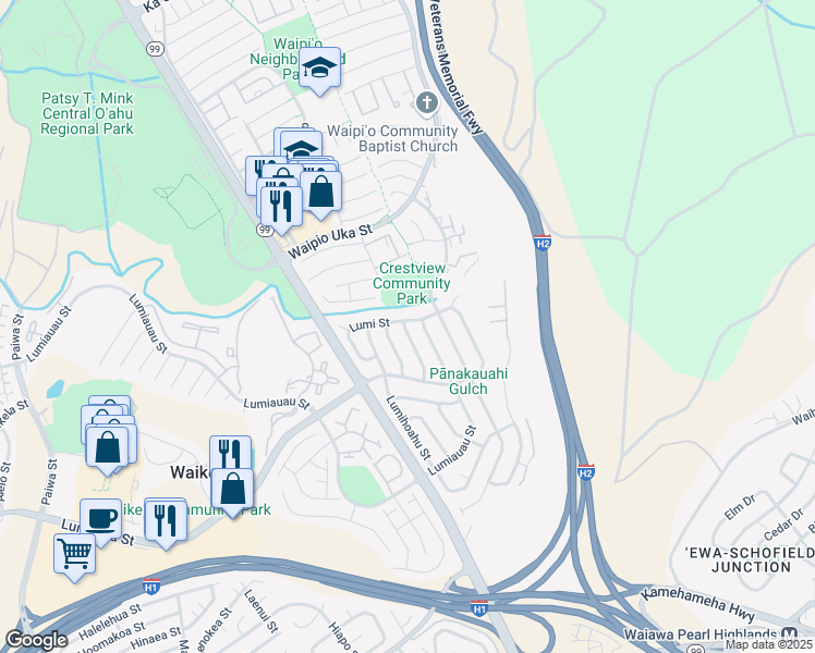 map of restaurants, bars, coffee shops, grocery stores, and more near 94-1091 Lumi Street in Waipahu
