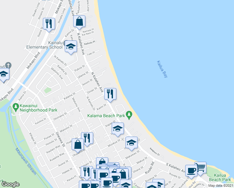 map of restaurants, bars, coffee shops, grocery stores, and more near 420E North Kalaheo Avenue in Kailua
