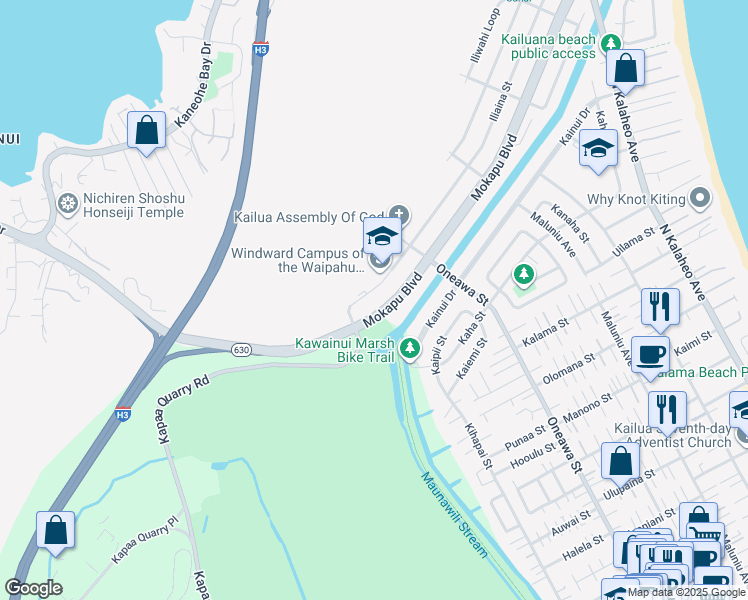 map of restaurants, bars, coffee shops, grocery stores, and more near 730 Iliaina Street in Kailua