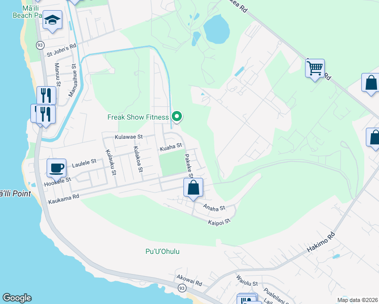 map of restaurants, bars, coffee shops, grocery stores, and more near 87-1555 Kuaha Street in Waianae