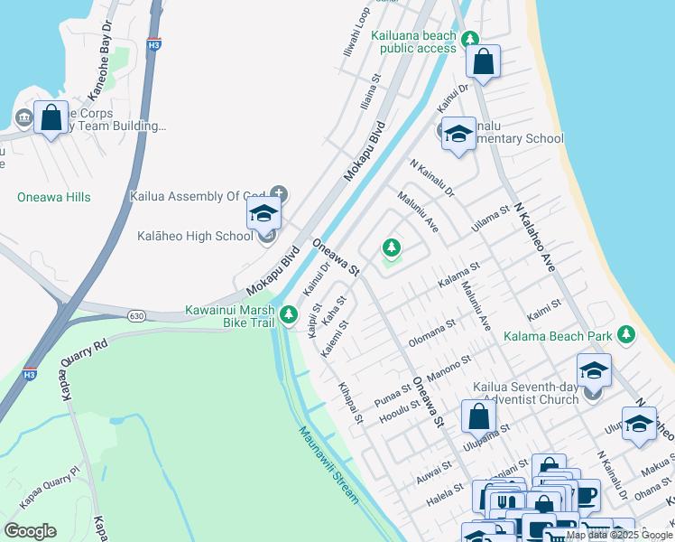 map of restaurants, bars, coffee shops, grocery stores, and more near 941 Kaipii Street in Kailua