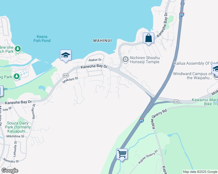 map of restaurants, bars, coffee shops, grocery stores, and more near 44-149 Nanamoana Street in Kaneohe