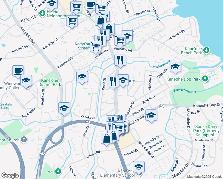 map of restaurants, bars, coffee shops, grocery stores, and more near 45-554 Kiani Street in Kaneohe