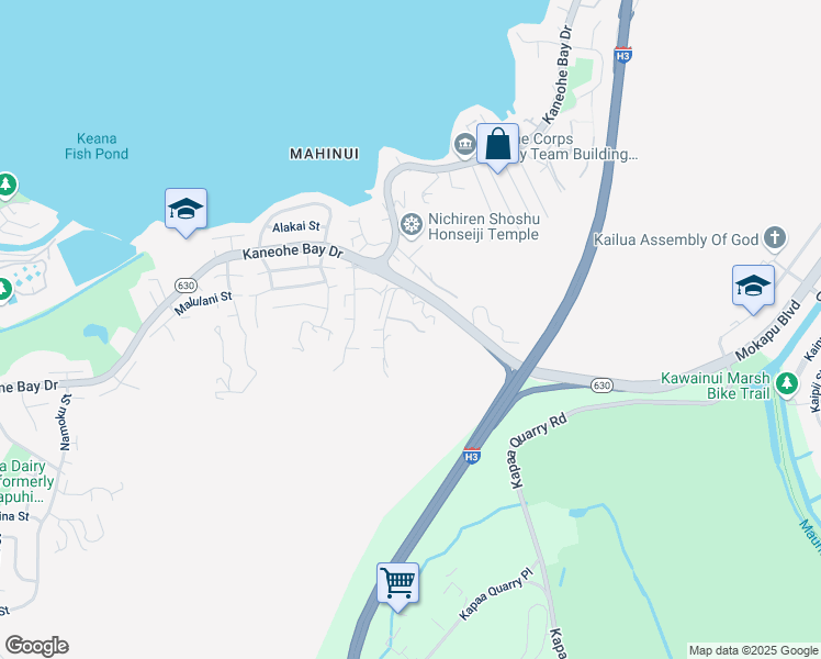 map of restaurants, bars, coffee shops, grocery stores, and more near 44-119A Kahinani Way in Kaneohe