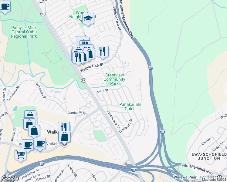 map of restaurants, bars, coffee shops, grocery stores, and more near 94-1091 Lumi Street in Waipahu