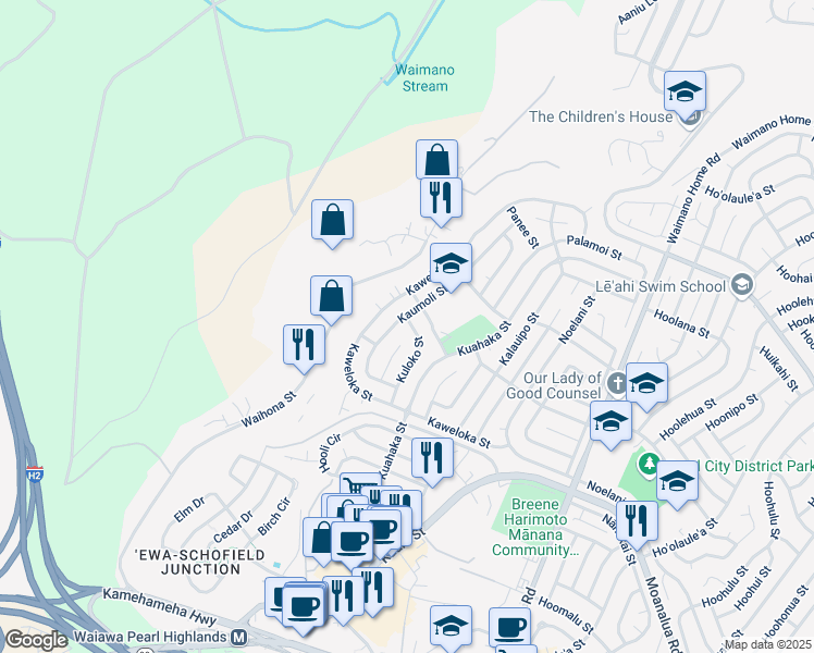 map of restaurants, bars, coffee shops, grocery stores, and more near 1140 Kumano Street in Pearl City