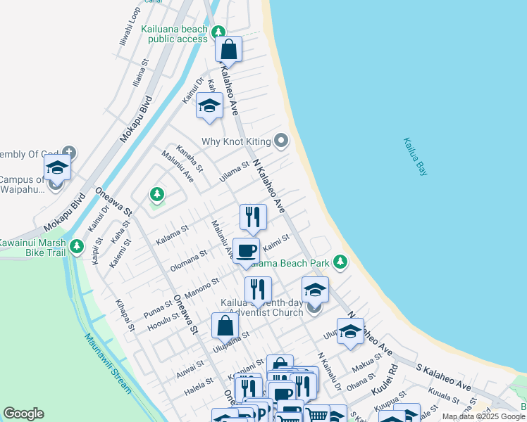 map of restaurants, bars, coffee shops, grocery stores, and more near 133 Omao Street in Kailua