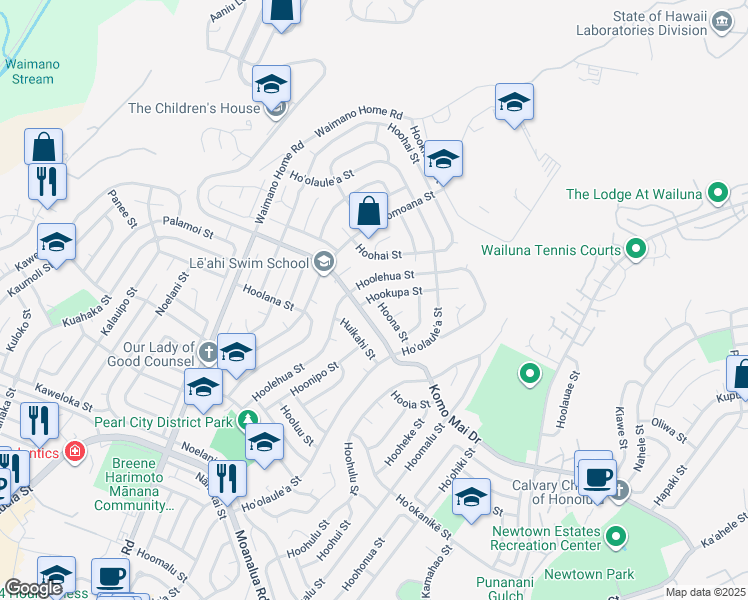 map of restaurants, bars, coffee shops, grocery stores, and more near 1369 Hoona Street in Pearl City