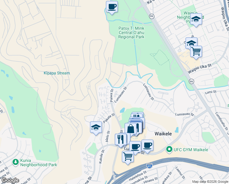 map of restaurants, bars, coffee shops, grocery stores, and more near 94-532 Lumiauau Street in Waipahu