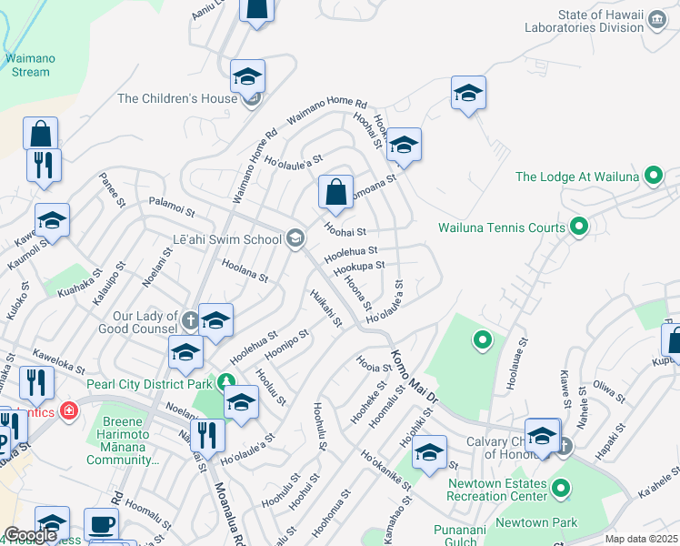 map of restaurants, bars, coffee shops, grocery stores, and more near 1369 Hoona Street in Pearl City