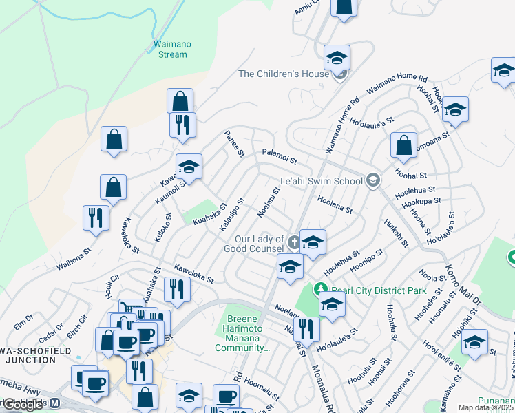 map of restaurants, bars, coffee shops, grocery stores, and more near 1679 Noelani Street in Pearl City