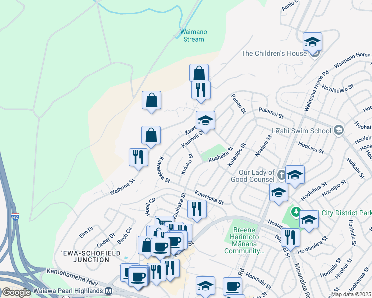 map of restaurants, bars, coffee shops, grocery stores, and more near 1140 Kumano Street in Pearl City