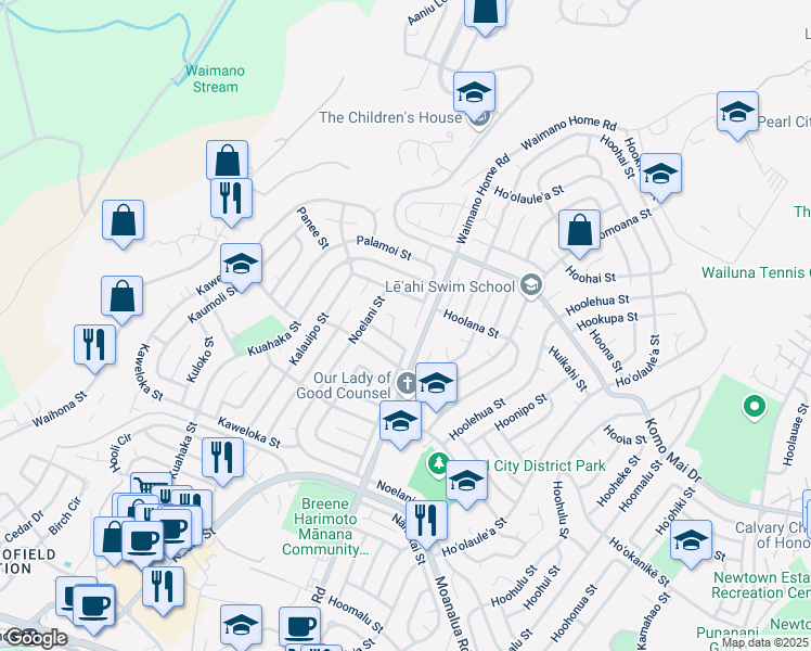 map of restaurants, bars, coffee shops, grocery stores, and more near 1935 Palamoi Street in Pearl City
