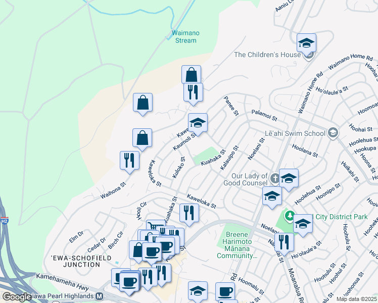 map of restaurants, bars, coffee shops, grocery stores, and more near Kumano Street in Pearl City