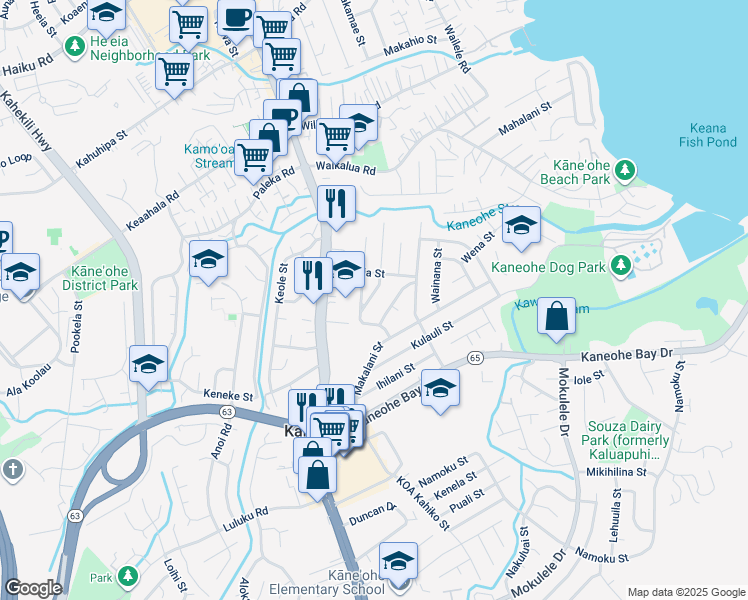 map of restaurants, bars, coffee shops, grocery stores, and more near 45-679 Waiawi Street in Kaneohe